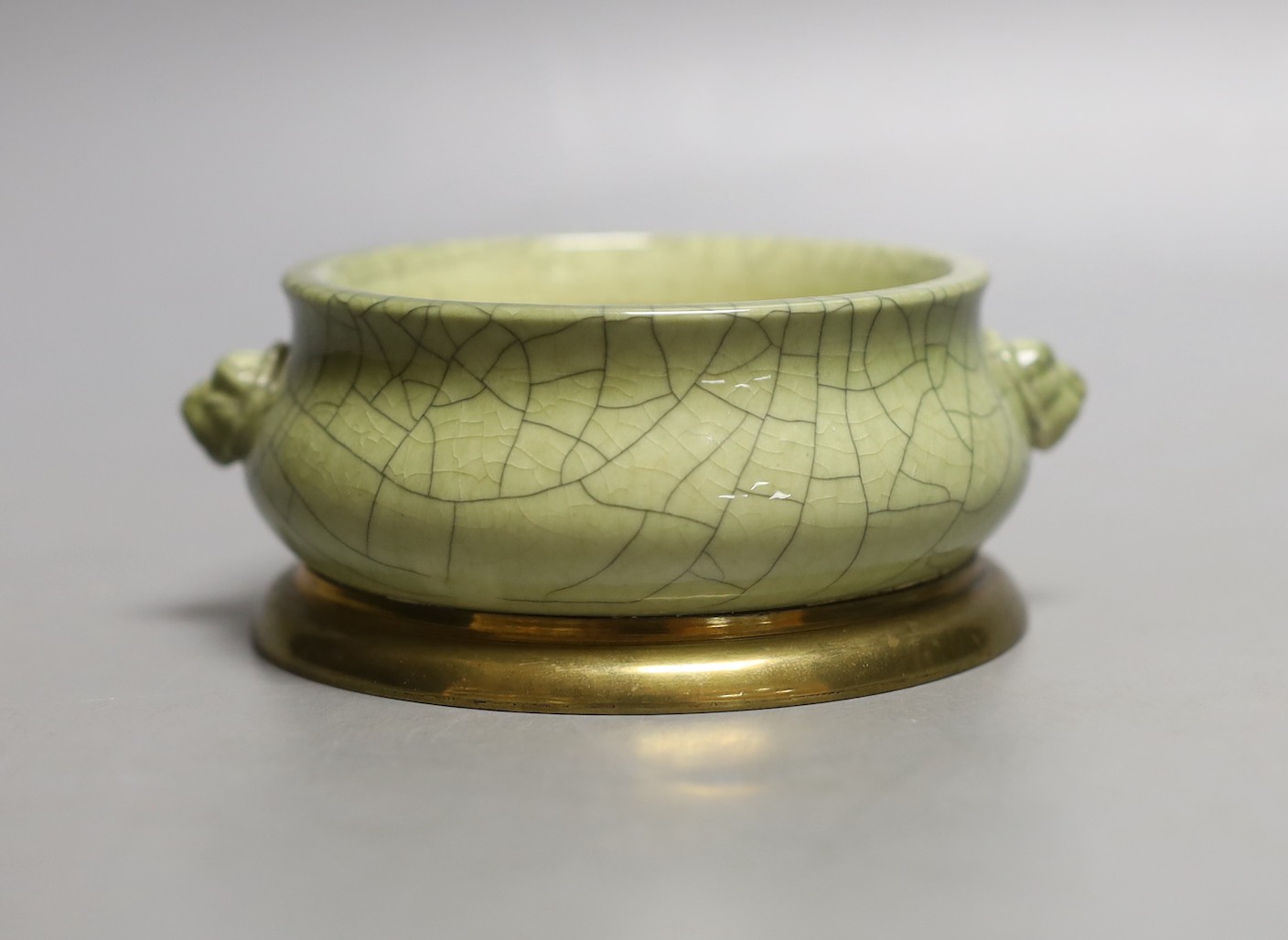 A Chinese crackle glaze Ge type censer, brass mounted base, 12cm handle to handle